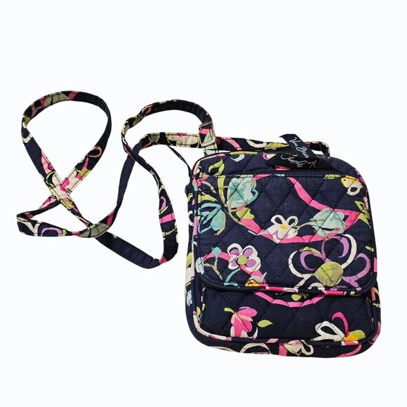 Vera Bradley Mini Hipster Crossbody Ribbons Floral - Navy Blue, Quilted, Retired - Picture 1 of 6
